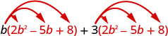 La suma de dos productos, el producto de b y 2 b al cuadrado menos 5 b más 8, y el producto de 3 y 2 b al cuadrado menos 5 b más 8.