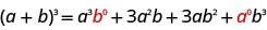 此图显示了模式 a 加 b 对 3 的幂等于 a 对 3 乘以 b 的幂次乘以 0 加上 3 倍 a 到 2 倍 b 的乘以 1 的幂加 3 a 到 0 乘以 b 的幂次方对 3 的幂次方。