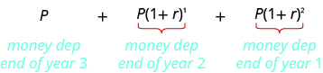 P más P multiplicado por la cantidad 1 más r entre paréntesis, a la primera potencia, más P por la cantidad 1 más r, entre paréntesis, al cuadrado. Esto equivale al dinero depositado al final del tercer año, más el dinero depositado al final del segundo año, más el dinero depositado al final del año 1.