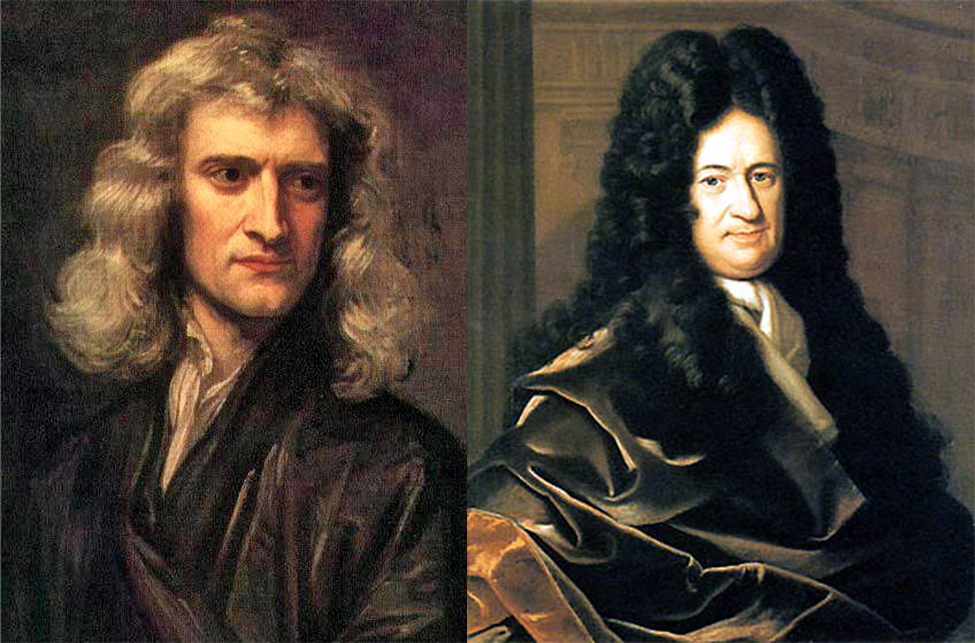 Fotos de Newton e Leibniz.