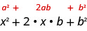 完美正方形表达式 a squared 加 2 a b 加 b squared 显示在表达式 x squared 加 2 x b + b 平方的上方。 请注意，在第二个方程中，x 已替换 a，并比较相应的项。