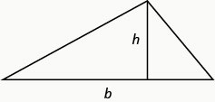 三角形的图像。 水平基边被标记为 b，标有 h 的线段垂直于底部，将其连接到相反的顶点。