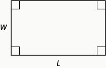 La imagen muestra un rectángulo. Los cuatro ángulos están marcados como ángulos rectos. El lado más largo y horizontal está etiquetado como L y el lado más corto y vertical está etiquetado con w.