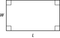 La imagen muestra un rectángulo. Los cuatro ángulos están marcados como ángulos rectos. El lado más largo y horizontal está etiquetado como L y el lado más corto y vertical está etiquetado con w.