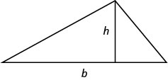 三角形的图像。 水平基边被标记为 b，标有 h 的线段垂直于底部，将其连接到相反的顶点。