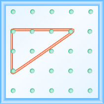 A figura mostra uma grade de pinos uniformemente espaçados. Existem 5 colunas e 5 fileiras de pinos. Um elástico é esticado entre o pino na coluna 1, linha 2, o pino na coluna 1, linha 4 e o pino na coluna 4, linha 2, formando um triângulo reto. O pino 1, 2 é o vértice do ângulo de 90 graus, enquanto a linha entre os pinos 1, 4 e 4, 2 forma a hipotenusa do triângulo.