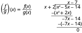 方程显示 f over g of x 等于 x 的 f 除以 x 的 g。这将转换为除法问题，显示 x 平方减去 5x 减去 14 除以 x 加 2。 商为 x 减去 7。