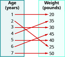 此图显示了两个表，每个表都有一列。 左边的表格标题为 “年龄（年）”，并列出了数字 1、2、3、4、5、6 和 7。 右边的表格标题为 “体重（磅）”，并列出了数字 20、35、30、45、40、25 和 50。 有箭头从年龄表中的数字开始，指向体重表中的数字。 第一支箭从 1 变为 20。 第二个箭头从 2 变为 25。 第三支箭从 3 变为 30。 第四支箭从 4 变为 35。 第五支箭从 5 变为 40。 第六支箭从 6 变为 45。 第七支箭从 7 变为 50。