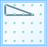 La figura muestra una rejilla de clavijas espaciadas uniformemente. Hay 5 columnas y 5 filas de clavijas. Se estira una banda de goma entre la clavija en la columna 1, fila 1, la clavija en la columna 1, fila 2 y la clavija en la columna 4, fila 2, formando un triángulo rectángulo. La clavija 1, 2 forma el vértice del ángulo de 90 grados y la línea desde la clavija 1, 1 a la clavija 4, 2 forma la hipotenusa del triángulo.