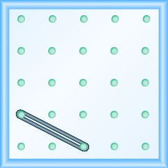 La figura muestra una rejilla de clavijas espaciadas uniformemente. Hay 5 columnas y 5 filas de clavijas. Se estira una banda de goma entre la clavija en la columna 1, fila 4 y la clavija en la columna 3, fila 5, formando una línea.