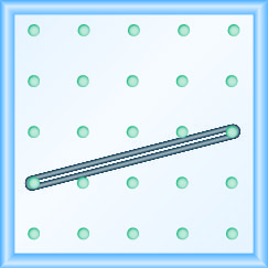 The figure shows a grid of evenly spaced pegs. There are 5 columns and 5 rows of pegs. A rubber band is stretched between the peg in column 1, row 4 and the peg in column 5, row 3, forming a line.