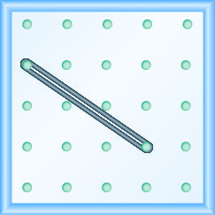 La figura muestra una rejilla de clavijas espaciadas uniformemente. Hay 5 columnas y 5 filas de clavijas. Se estira una banda de goma entre la clavija en la columna 1, fila 2 y la clavija en la columna 4, fila 4, formando una línea.