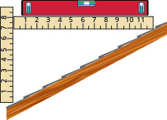 This figure shows one side of a sloped roof of a house. The rise of the roof is measured with a ruler and shown to be 7 inches. The run of the roof is measured with a twelve inch level and shown to be 12 inches.
