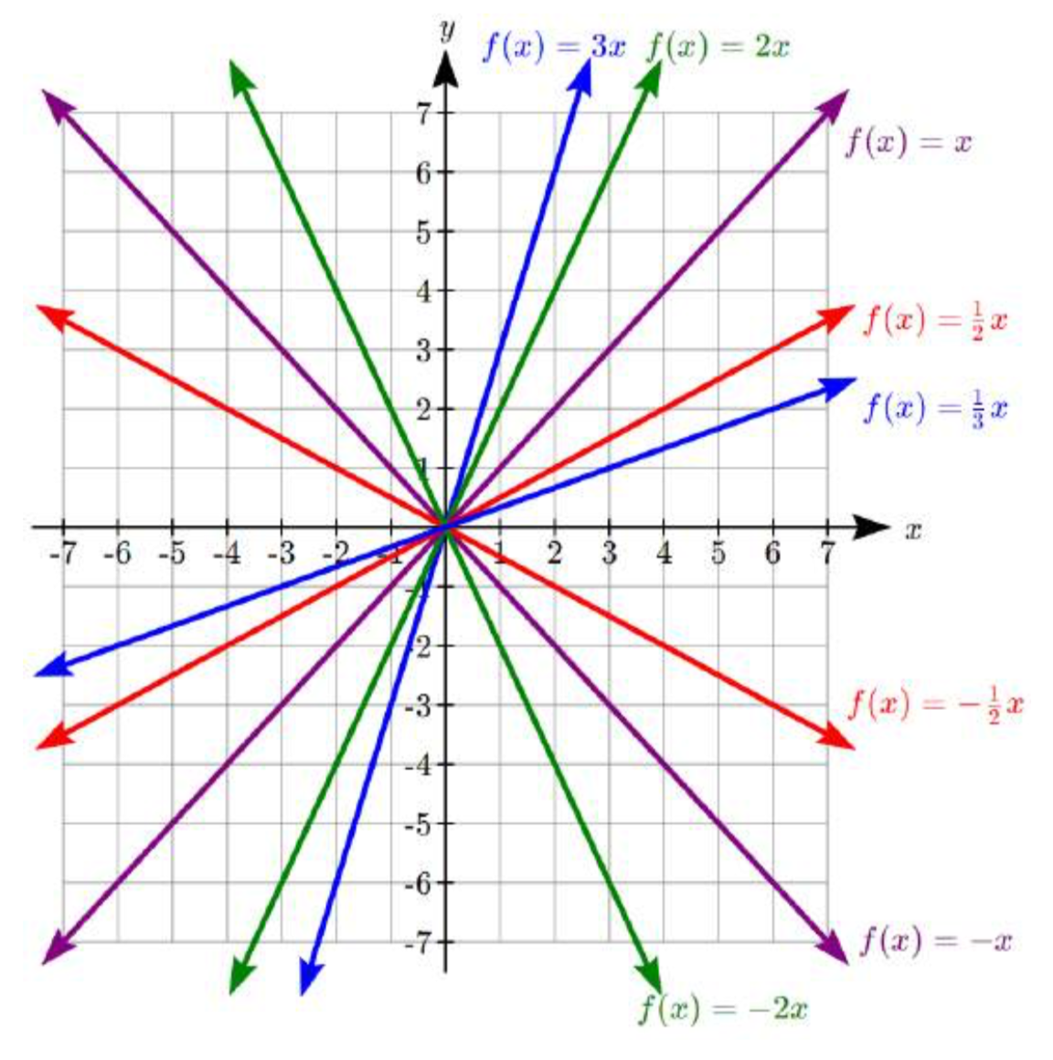 Múltiples líneas etiquetadas en una gráfica, todas pasando por el origen. f (x) =un tercio x, pasando por 3 comas 1. f (x) =media x, pasando por 2 comas 1. f (x) =x, pasando por 1 coma 1. f (x) =2x pasando por 1 coma 2. f (x) =3x pasando por 1 coma 3.