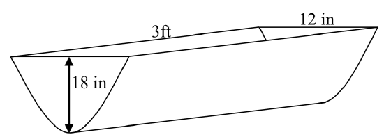 A parabolic trough, where the front face has the shape of part of a U-shaped parabola that is 18 inches tall and 12 inches wide at the top, and the sides of the trough extend straight back 3 feet.