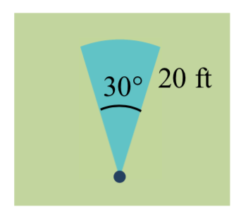 Un aspersor se muestra como un punto en un césped. El área de riego se muestra como un segmento de círculo con radio de 20 pies y un ángulo de 30 grados.