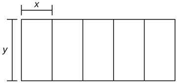 A rectangle is divided into five sections, and each section has length y and width x.