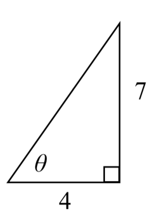 Un triángulo rectángulo con patas 4 y 7. La longitud lateral 4 se encuentra con la hipotenusa en un ángulo etiquetado theta.