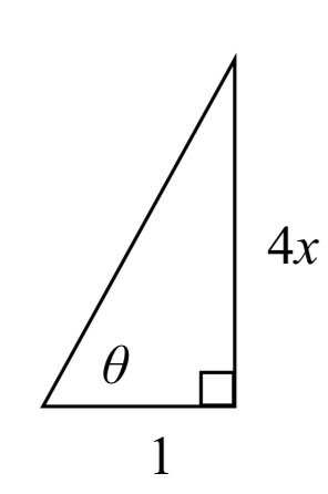 Un triángulo rectángulo con un ángulo etiquetado theta, y la pata opuesta etiquetada 4x y la pata adyacente etiquetada con 1.