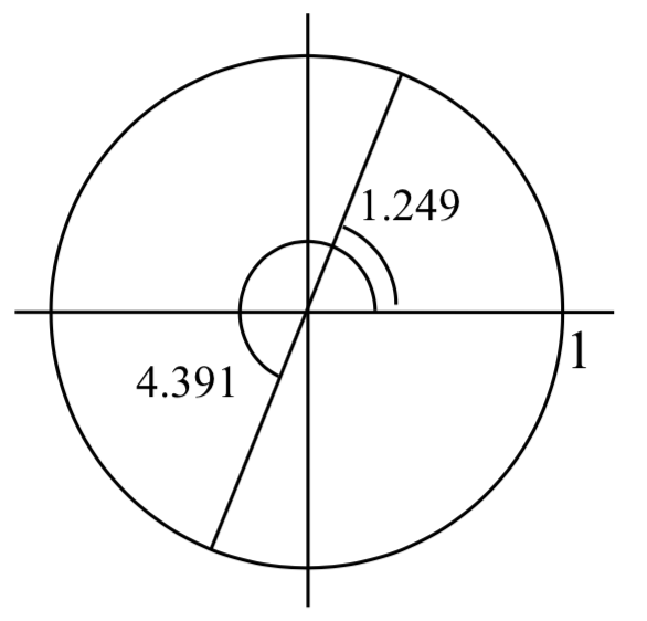 Un círculo unitario centrado en el origen. Se muestra una línea en ángulo 1.249. Se muestra una segunda línea en ángulo 4.391, la cual tiene la misma pendiente que la primera línea.