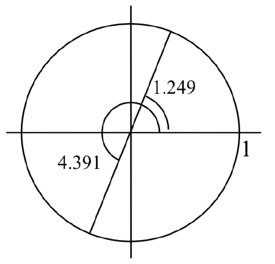 A unit circle centered at the origin. A line at angle 1.249 is shown. A second line at angle 4.391 is shown, which has the same slope as the first line.