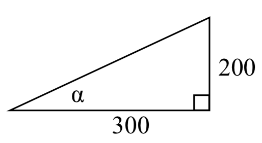 Un triángulo rectángulo con longitud de patas 200 y 300. El ángulo entre la hipotenusa y la longitud de la pierna 300 está etiquetado como alfa.