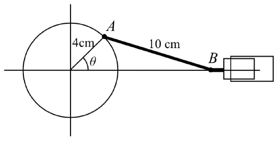 A circle with radius 4 centimeters centered at the origin, with a line at angle theta meeting the circle at point A.  A line with length 10 centimeters is drawn from A to a point B to the right of the circle on the horizontal axis.