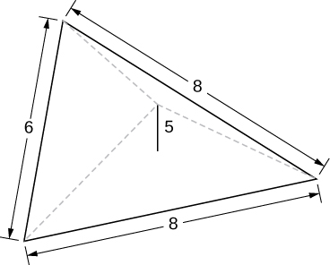 Esta figura es una pirámide con una base triangular. La vista es de la base. Los lados del triángulo miden 6 unidades, 8 unidades y 8 unidades. La altura de la pirámide es de 5 unidades.
