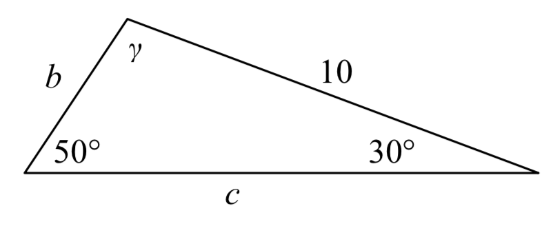 Se muestra un triángulo no recto. Un ángulo de 30 grados es lado opuesto etiquetado b. Un ángulo de 50 grados es lado opuesto etiquetado 10. Un ángulo obtuso gamma es lado opuesto etiquetado c.