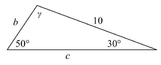 A non-right triangle is shown. An angle 30 degrees is opposite side labeled b. An angle 50 degrees is opposite side labeled 10. An obtuse angle gamma is opposite side labeled c.