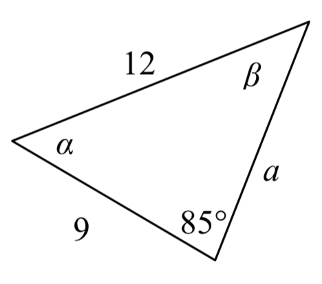 Se muestra un triángulo no recto. Un ángulo de 85 grados es opuesto a una longitud lateral 12. Un ángulo beta es opuesto a una longitud lateral 9. Un ángulo alfa es opuesto a una longitud lateral a.