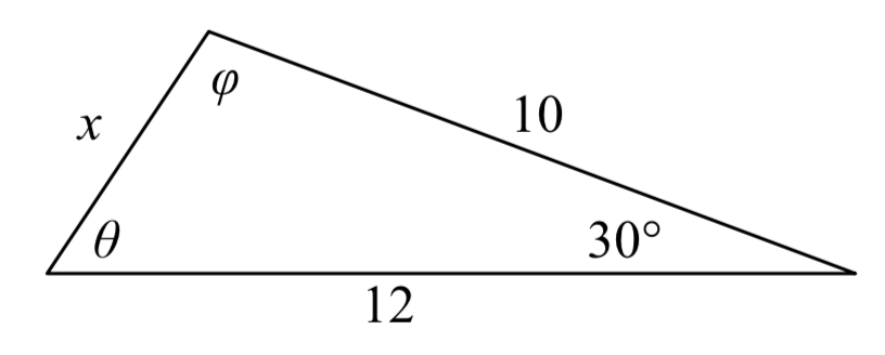 Se muestra un triángulo no recto. Un ángulo de 30 grados es lado opuesto x. Un ángulo theta es opuesto a la longitud del lado 10. Un ángulo phi es de lado opuesto a la longitud 12.