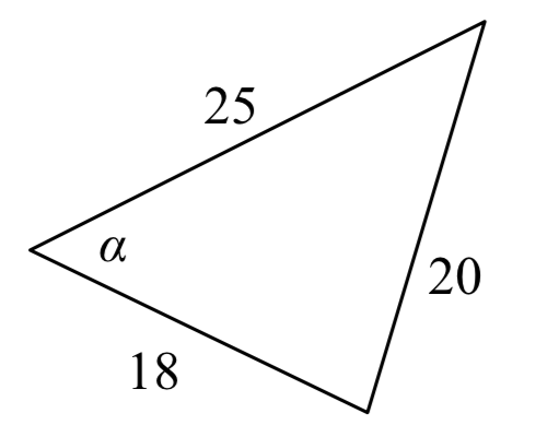 Un triángulo no rectángulo. El ángulo alfa es la longitud del lado opuesto 20. Los dos lados adyacentes al ángulo alfa tienen longitudes 18 y 25.