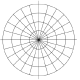 An empty polar graphing grid, with concentric circles centered at the origin, and rays drawn from the origin at incremental angles.