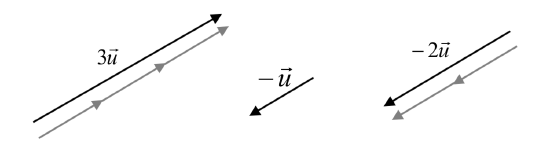 A vector labeled 3u points to the upper right, three times as long as u.  A vector labeled negative u points to the lower left in the opposite direction of u. A vector labeled negative 2 u points to the lower left, twice as long as u in the opposite direction.