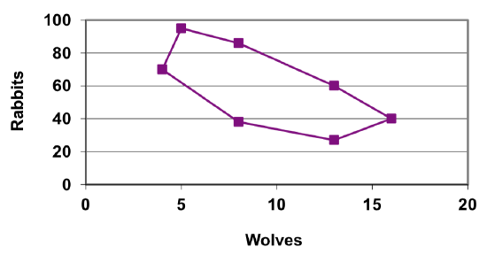 A line graph, with the vertical labeled Rabbits and the horizontal labeled Wolves.  It shows an oval-shaped graph, including points 4 comma 70, 5 comma 95, and 8 comma 85.