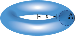 This figure is a torus. It has inner radius of b. Inside of the torus is a cross section that is a circle. The circle has radius a.
