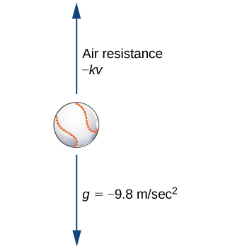 Um diagrama de uma bola de beisebol com uma seta acima apontando para cima e uma seta abaixo dela apontando para baixo. A seta superior é rotulada como “resistência do ar —kv” e a seta inferior é rotulada como “g = -9,8 m/seg ^ 2".
