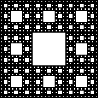 This is a black square with many smaller squares removed from it, leaving behind blank spaces in a pattern of squares. There are four iterations of the removal process. At the first, the central 1/9 square area is removed. Each side is 1/3 of that of the next larger square. Next, eight smaller squares are removed around this one. Eight smaller squares are removed from around each of those – 64 in total. Eight even smaller ones are removed from around each of those 64.