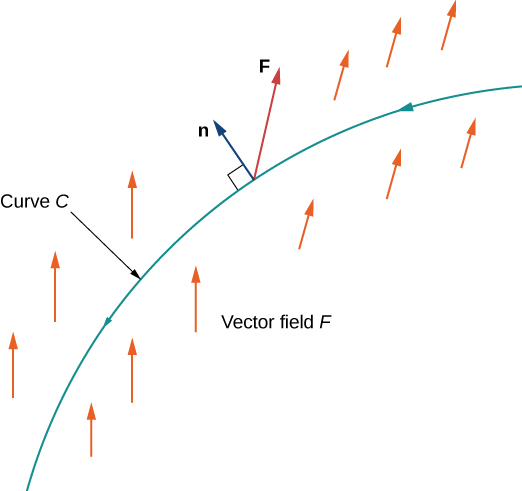 Un diagrama simple de una curva descendente cóncava creciente C en el campo vectorial F, sin plano de coordenadas. Hacia la parte superior de la curva, la n normal se dibuja perpendicular a la curva C. Se dibuja otra flecha F compartiendo el punto final de n. Este flujo apunta hacia arriba y hacia la derecha en aproximadamente un ángulo de 90 grados con respecto a n. Las flechas en el campo vectorial a la izquierda de n se dibujan apuntando hacia arriba. Las flechas después de n apuntan en la misma dirección que el flujo.