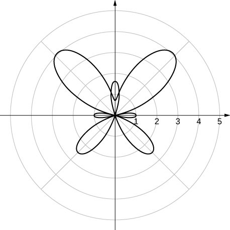 Una forma geométrica que se asemeja a una mariposa con alas más grandes en el primer y segundo cuadrantes, alas más pequeñas en el tercer y cuarto cuadrantes, un cuerpo a lo largo de la línea θ = π/2 y patas a lo largo de las líneas θ = 0 y π.