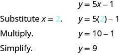 该图显示了在方程中 y 等于 5 x 减 1 时 x 等于 2 时求解 y 的步骤。 方程 y 等于 5 x 减去 1 如图所示。 其下方是用 2 代替 x 的方程，即 y 等于 5 乘以 2 减去 1。 要求解 y，首先乘以使方程变成 y 等于 10 减去 1，然后减去方程 y 等于 9。