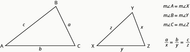 La figura anterior muestra triángulos similares. El triángulo más grande etiquetado A B C. La longitud de A a B es c, La longitud de B a C es a. La longitud de C a A es b. El triángulo más grande está etiquetado X Y Z. La longitud de X a Y es z. La longitud de Y a Z es x. La longitud de X a Z es y. A la derecha de los triángulos, indica esa medida del ángulo correspondiente A es igual a la medida del ángulo correspondiente X, la medida del ángulo correspondiente B es igual a la medida del ángulo correspondiente Y, y la medida del ángulo correspondiente C es igual a la medida del ángulo correspondiente Z. Por lo tanto, a dividido por x es igual a b dividido por y es igual a c dividido por z.