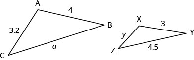 上图显示了两个相似的三角形。 每个三角形都有两条边。 较大的三角形标记为 A B C。A 到 B 的长度为 4。 从 B 到 C 的长度为 a。从 C 到 A 的长度为 3.2。 较小的三角形标记为 X Y Z。从 X 到 Y 的长度为 3。 从 Y 到 Z 的长度为 4.5。 从 Z 到 X 的长度为 y。