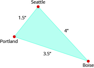 上图是一个三角形，一侧标有 “西雅图，4.5 英寸”。 另一面标有 “波特兰 3.5 英寸”。 第三面标有 1.5 英寸。 顶点被标记为 “博伊西”。