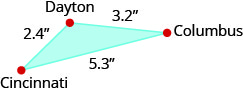 هذه صورة مثلث. في اتجاه عقارب الساعة بدءًا من الأعلى، يتم تسمية كل قمة. يُطلق على قمة الرأس اسم «دايتون»، والقمة التالية تسمى «كولومبوس»، والقمة التالية تسمى «سينسيناتي». المسافة من دايتون إلى كولومبوس هي 3.2 بوصة. المسافة من كولومبوس إلى سينسيناتي هي 5.3 بوصة. المسافة من سينسيناتي إلى دايتون هي 2.4 بوصة.