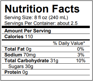 Etiqueta nutricional para refresco, mostrando que la botella contiene 2.5 porciones, y cada porción de 8 onzas tiene 110 calorías y 30 gramos de azúcar