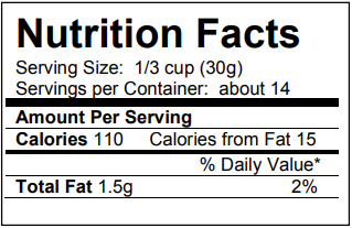 Etiqueta nutricional para un bote de pan rallado, que muestra una porción de un tercio de taza es de aproximadamente 30 gramos, y hay 14 porciones en el bote