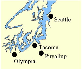 Mapa que muestra las ubicaciones de 4 ciudades: Olimpia, Tacoma, Puyallup y Seattle