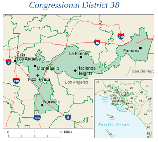 Un mapa que muestra el distrito 38 congresional de California en 2004. Es largo y estrecho, y se dobla como una L.